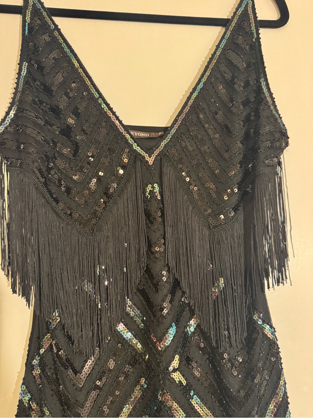 1920s Flapper Black Beaded Fringe V-Neck Mini Dress Great Gadsby party dress - Picture 3 of 5